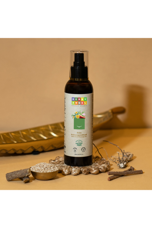 Bala Ashwagandhadi Baby Body Massage Oil  Organic Ingredients | Pre-bath Oil| Nourishes Skin | Improves Complexion | Strengthens Body